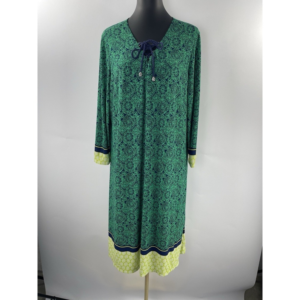 Susan Graver Liquid Knit Green Print Tasseled Dress XL